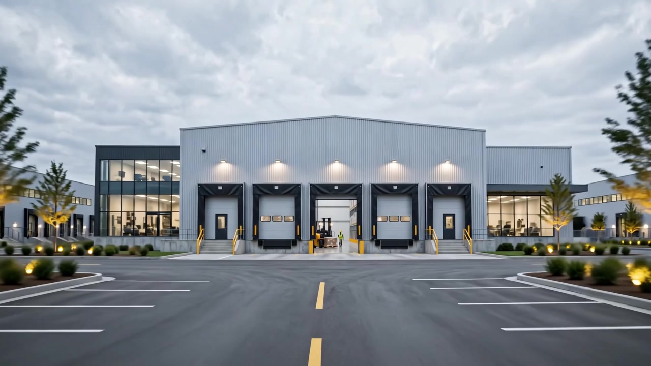 Fachada de una nave industrial con andenes y patio de maniobras
